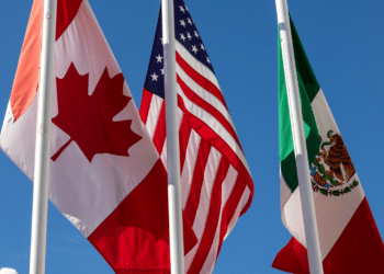 The flags of Canada, the United States and Mexico
